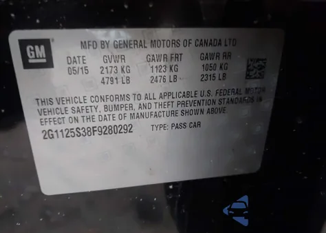 2015 Chevrolet Impala 2Lt из США, поврежденный, VIN 2G1125S38F9280292